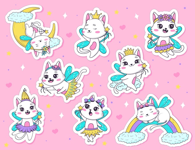 Paquete de pegatinas de hadas de gatos de dibujos animados lindos dibujados con una varita mágica en diferentes poses en la colección de personajes de gato de ilustración vectorial de estilo doodle