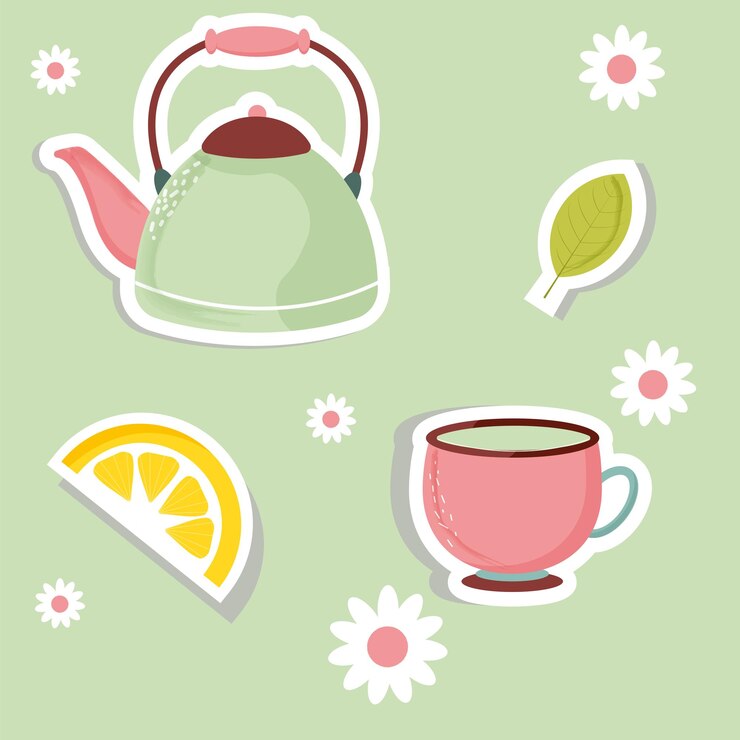 paquete de pegatinas de ilustraciones de tetera y té verde con limón