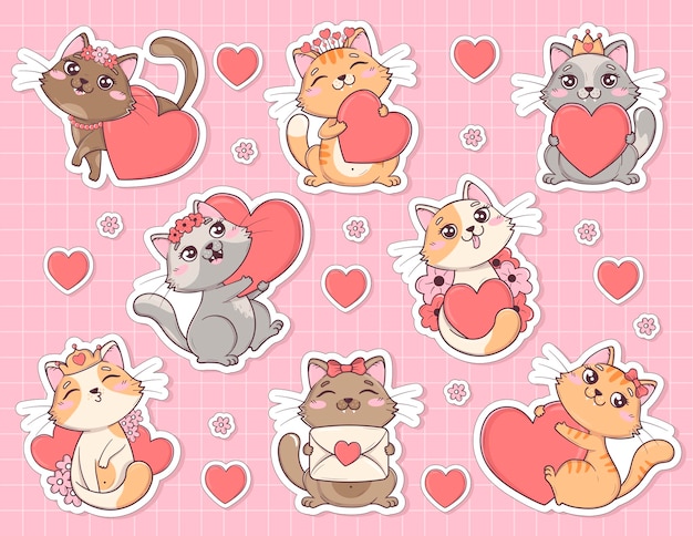 Paquete de pegatinas para notas y tarjetas con lindos gatos kawaii de san valentín en diferentes poses con corazones y flores