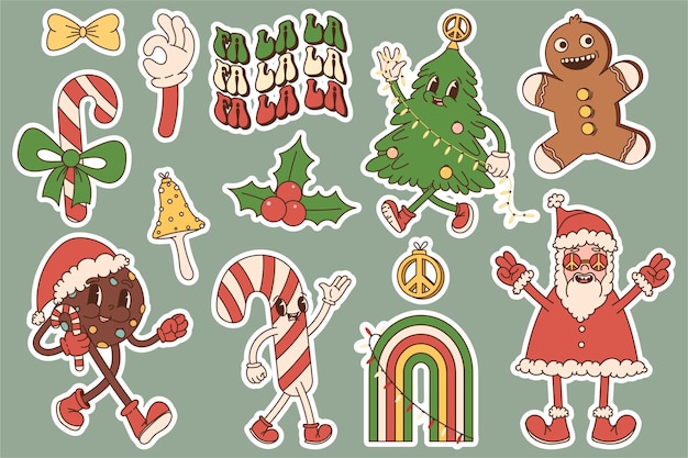 Paquete de pegatinas de personajes y elementos de dibujos animados retro. Feliz navidad y próspero año nuevo. maravilloso