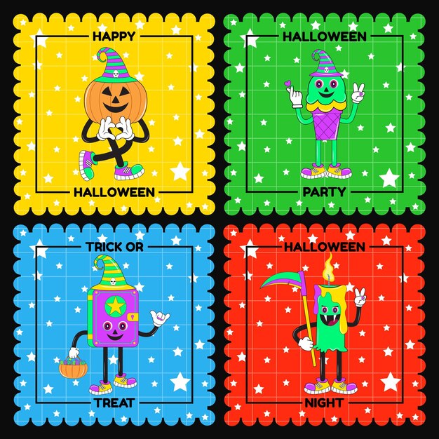 Paquete de pegatinas de personajes de halloween de estilo retro de moda. insignias, etiquetas, sellos y franqueo de halloween.