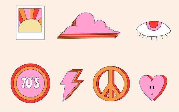 Paquete de pegatinas retro de 1970. Conjunto de ilustraciones retro groovy de los años 70. Conjunto nostálgico. hippie, vector, retro