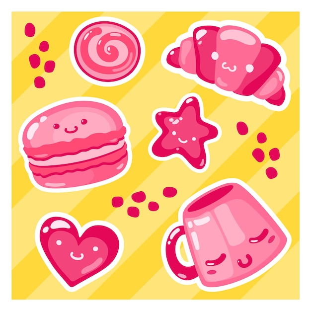 Paquete de pegatinas: taza de imágenes vectoriales lindas, croissant, corazones, estrellas, macaron. Elementos de color rosa