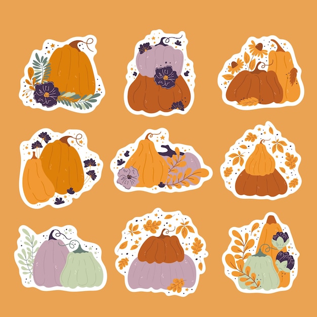 Paquete de pegatinas de Umpkins composiciones de dibujos animados con hojas y flores Pegatinas de varias formas y colores composición de vectores aislados para otoño otoño cosecha agrícola Acción de Gracias o Halloween