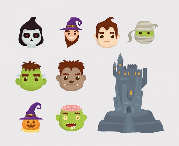 Paquete de personajes de halloween y castillo set iconos