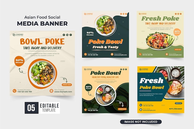 Paquete de plantillas de anuncios de menú de alimentos saludables con formas abstractas Colección de banners web promocionales de servicio de descuento de restaurante con colores blancos y oscuros Conjunto de publicaciones de redes sociales de alimentos frescos