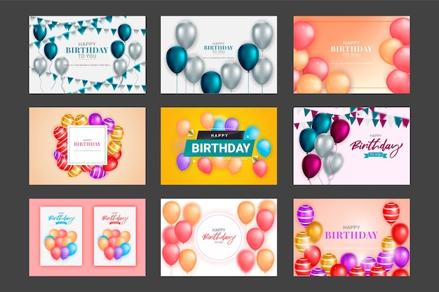 Paquete de plantillas de deseos de cumpleaños con globos de colores, fondo y texto