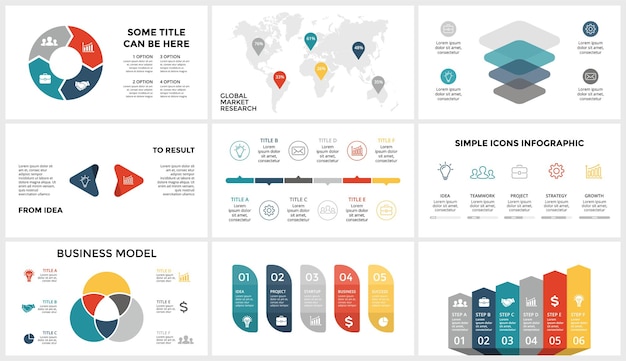 Vector paquete de plantillas de infografía empresarial mapa de flechas de presentación de diapositivas