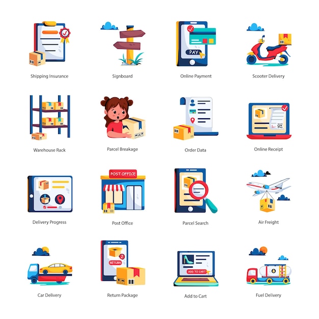 Paquete práctico de servicios de envío Iconos planos
