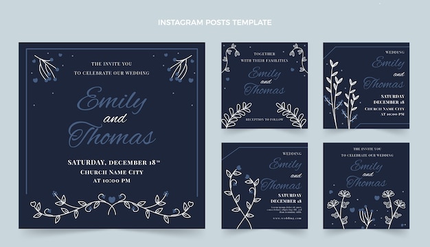 Paquete de publicaciones de instagram de boda dibujadas a mano