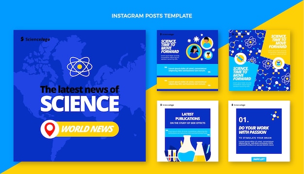 Vector paquete de publicaciones de instagram de ciencia plana