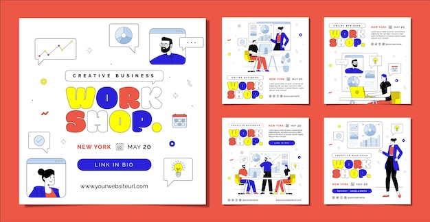 Vector paquete de publicaciones de instagram de taller de negocios de diseño plano