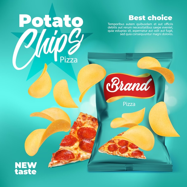 Vector paquete realista de papas fritas con sabor a pizza