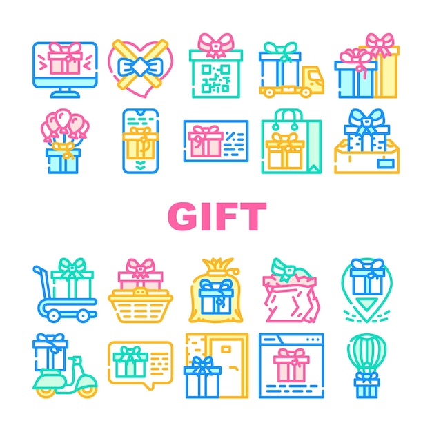 Paquete de regalo Sorpresa en iconos de vacaciones Set Caja de regalo vectorial y servicio de entrega de embalaje de contenedores y transporte Compra en línea y cupón de descuento Ilustraciones de color de línea actual