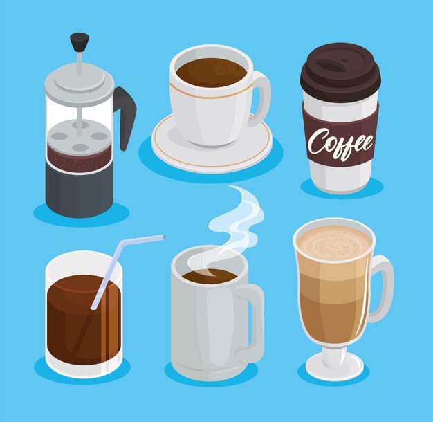 Paquete de seis bebidas de café set iconos, diseño de ilustraciones