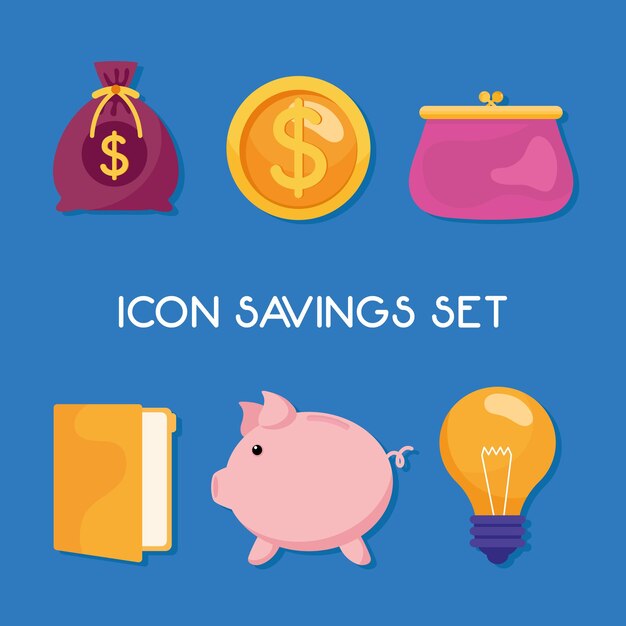 Paquete de seis iconos de conjunto de gestión de ahorros e ilustración de letras