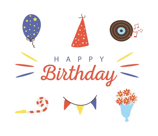 Paquete de seis iconos y letras de estilo plano de celebración de feliz cumpleaños
