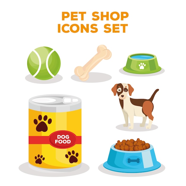 Vector paquete de seis iconos y letras de tienda de mascotas