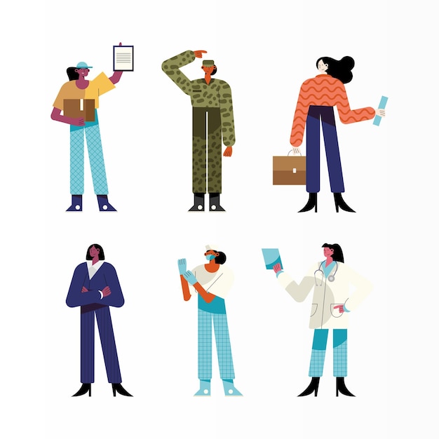 Paquete de seis mujeres personajes de diferentes profesiones ilustración