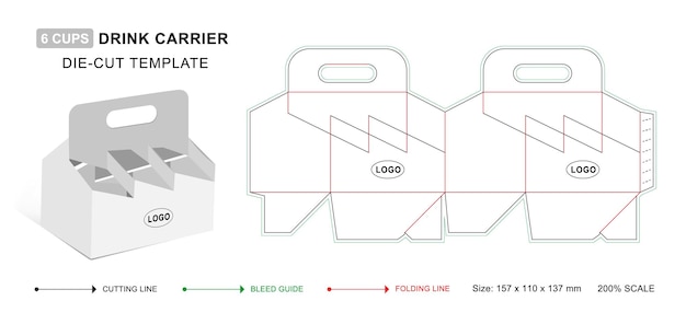 Vector paquete de seis portabotellas plantilla troquelada portavasos maqueta portavasos embalaje caja portabotellas blanca