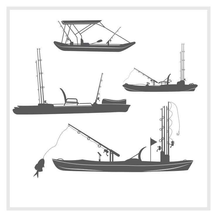 El paquete de silueta del clipart del vector de la pesca en kayak
