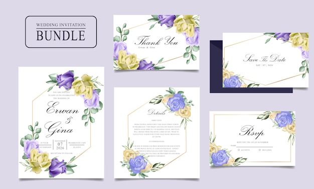 Paquete de tarjeta de invitación de boda con acuarela floral y plantilla de hojas