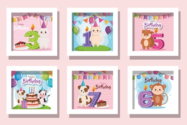 Paquete de tarjetas feliz cumpleaños con lindos animales y decoración