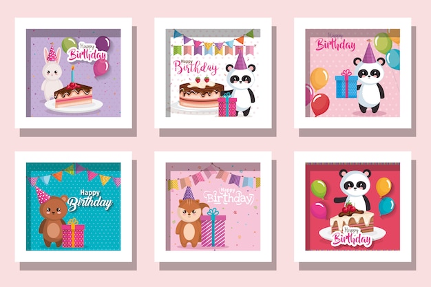 Paquete de tarjetas feliz cumpleaños con lindos animales