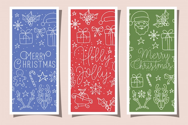 Paquete de tarjetas de feliz navidad con caligrafía e íconos