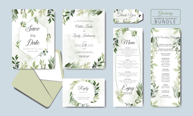 Vector paquete de tarjetas de invitación de boda con hermosas flores