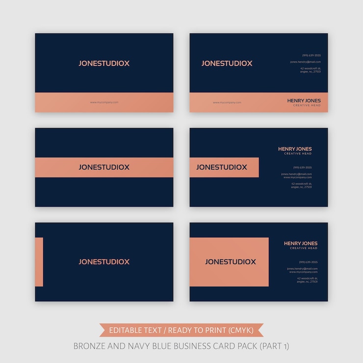 Vector paquete de tarjetas de presentación bronce y azul marino, parte 1