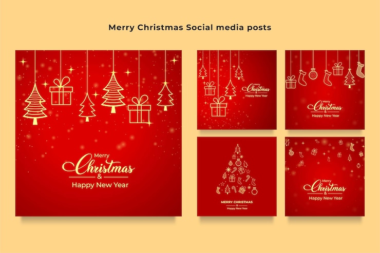 Vector paquete de tarjetas de regalo de feliz navidad. banner de navidad sobre un fondo rojo, bolas de navidad, estrella, árbol de navidad, calcetines, regalos y copos de nieve. vector de banner de ventas de navidad. bandera roja de navidad.