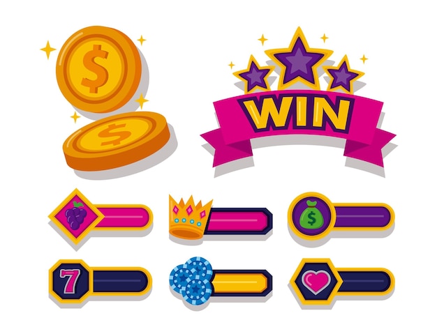 Paquete de tragamonedas casino set iconos diseño ilustración vectorial