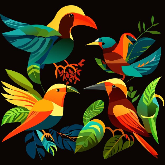 Vector paquete de vectores de aves tropicales en estilo plano