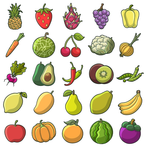 Paquete de vectores gratis surtido de frutas y verduras lindo estilo de arte dibujado a mano