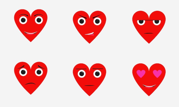 paquete vectorial de iconos de 6 corazones que tiene una expresión diferente en cada corazón en rojo