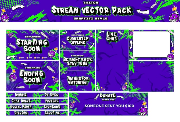 El paquete vectorial del panel de Twitch El paquete vectorio de superposición del jugador de pantalla de transmisión en estilo graffiti