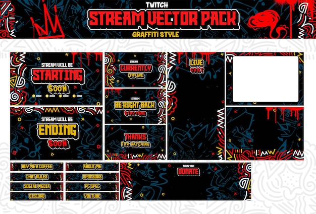 El paquete vectorial del panel de Twitch El paquete vectorio de superposición del jugador de pantalla de transmisión en estilo graffiti