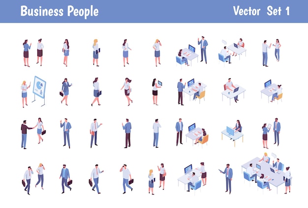Paquete vectorial de personas de negocios isoméricas Caracteres vectoriales planos aislados en fondo blanco