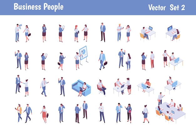 Paquete vectorial de personas de negocios isoméricas Caracteres vectoriales planos aislados en fondo blanco