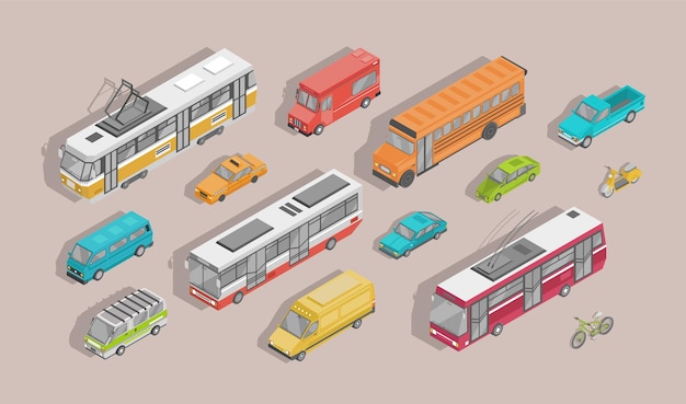 Paquete de vehículos de motor isométricos aislados sobre fondo claro: automóvil, scooter, autobús, tranvía, trolebús, minivan, bicicleta, camioneta, remolque. Conjunto de transporte de la ciudad. Ilustración vectorial.