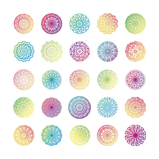 Vector paquete de veinticinco mandalas coloridos set iconos de colección