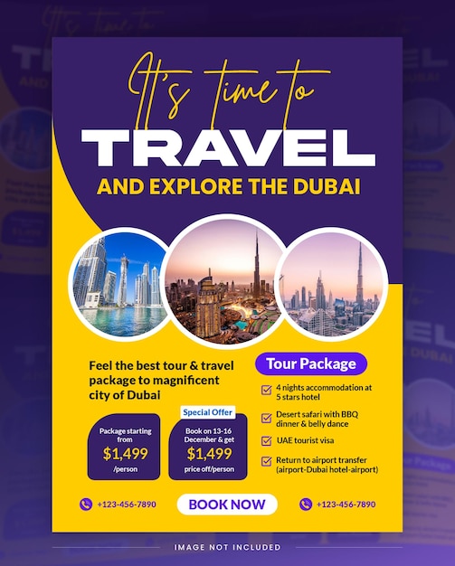 Paquete de viaje o viaje a Dubai Estilo de diseño de folleto promocional