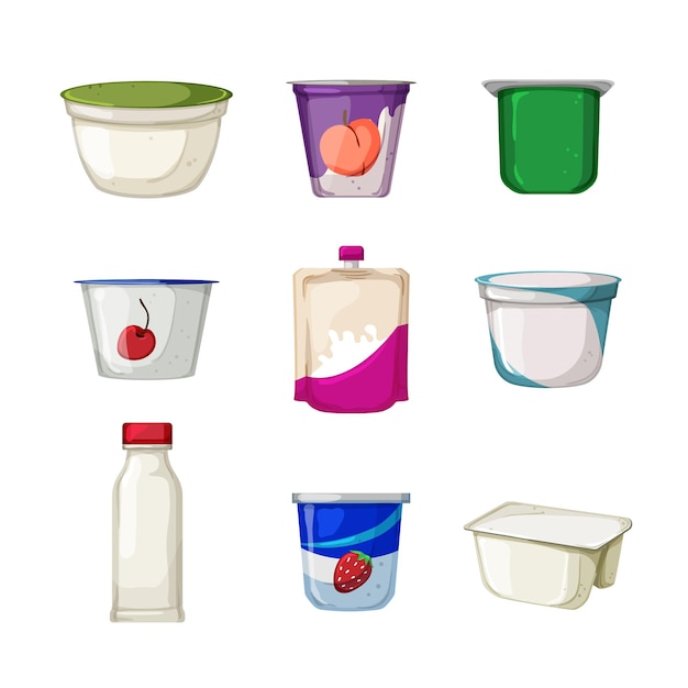 Paquete de yogur conjunto ilustración vectorial de dibujos animados
