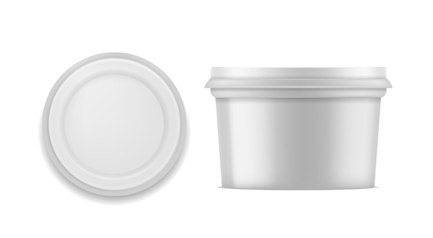 Vector paquete de yogur envase blanco en blanco para helado de postre o productos lácteos vista superior y lateral caja redonda cerrada realista con plantilla de presentación de identidad de marca de tapa vector maqueta aislada 3d