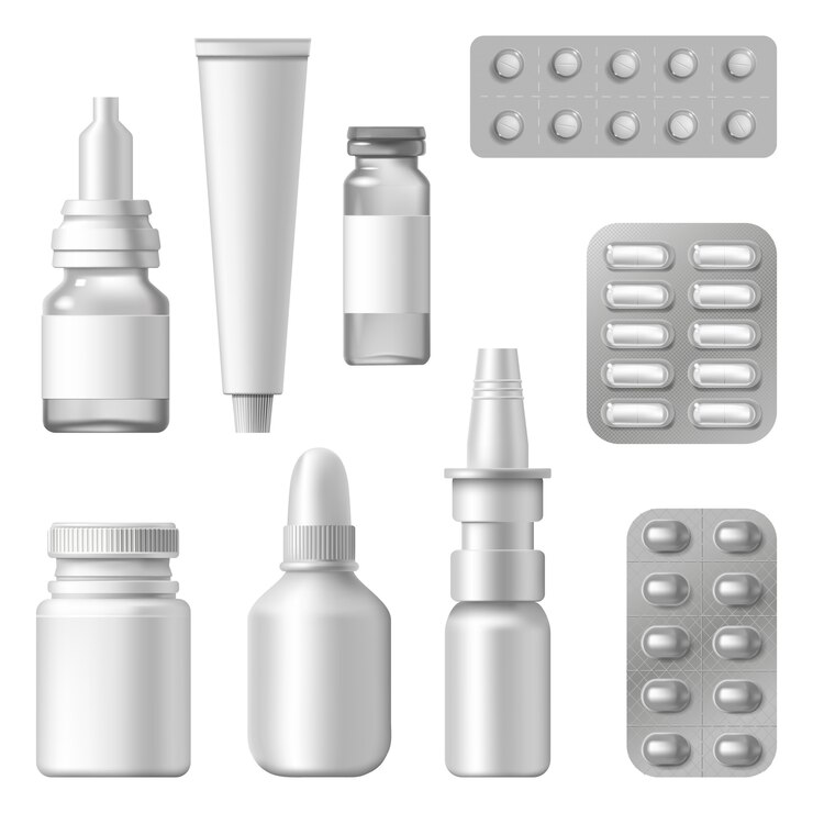 Vector paquetes médicos realistas. suplementos farmacéuticos, medicamentos, ampolla de píldoras de botella de aerosol, conjunto de envases de medicamentos. ilustración de remedio médico y medicamentos farmacéuticos