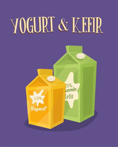 Paquetes de productos lácteos, kéfir y yogur