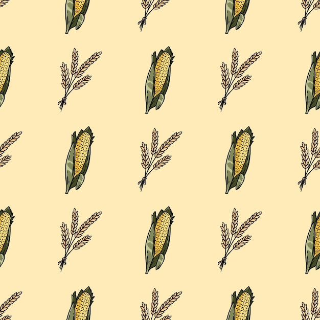 Paquetes de trigo de dibujos animados lindos y garabatos de orejas de maíz patrón de borde sin costura Azulejo de textura de fondo repetible de vector de agricultura Plantilla acogedora de impresión de stock para envolver papel tapiz de diseño