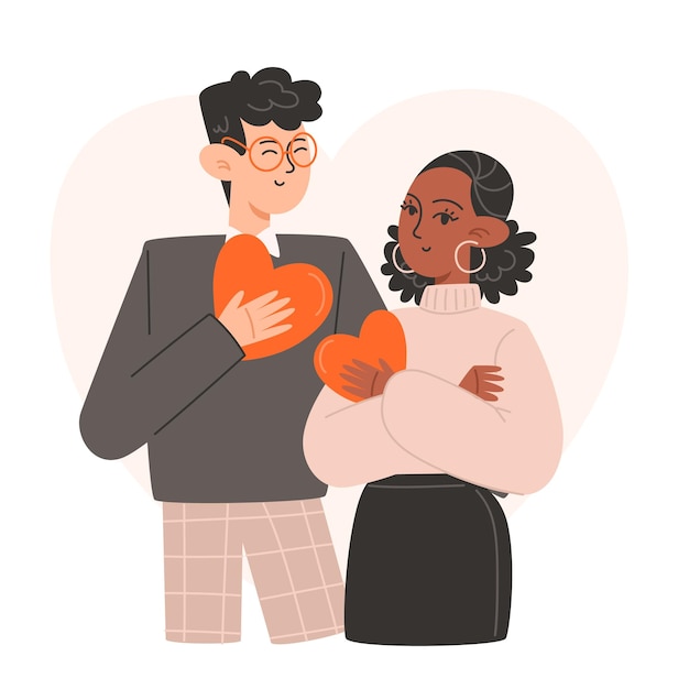 Un par de abrazos y corazones rojos para el Día de San Valentín