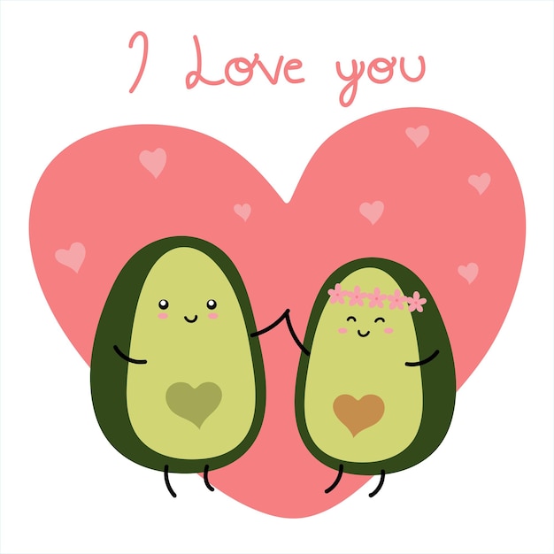 Un par de aguacates de dibujos animados, tarjeta de felicitación del día de San Valentín. Amor aguacate con vector de corazón